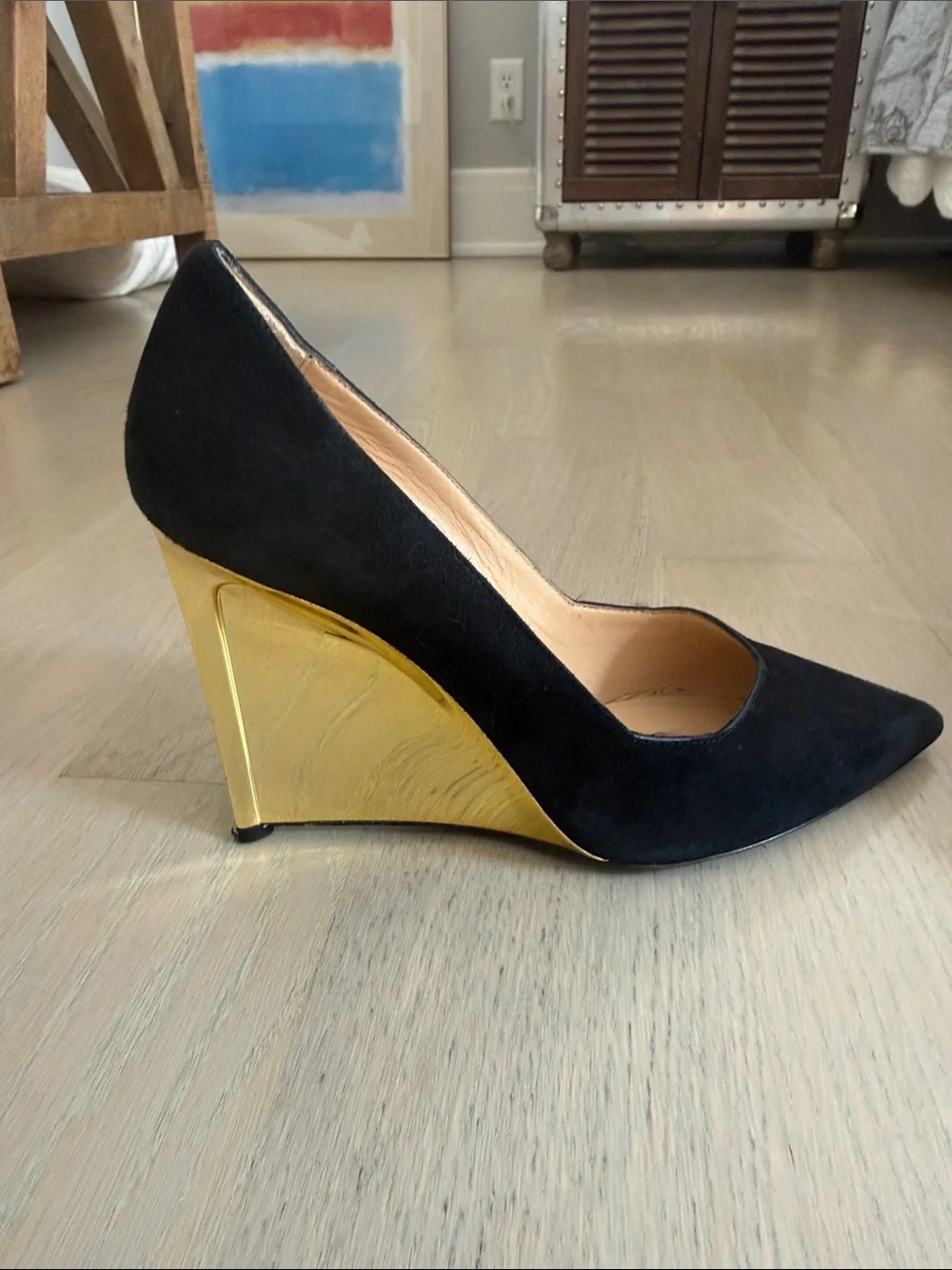 Diane Von Furstenberg Black Suede Wedges with Gold Wedge Heel